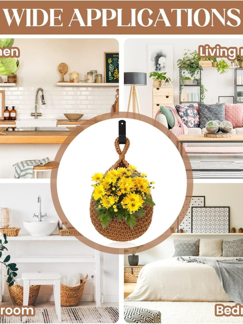 Boho Decor Hanging Fruit Baskets for Kitchen - 3 Pack Wall Hanging Basket with 6 - Picture 7 of 7